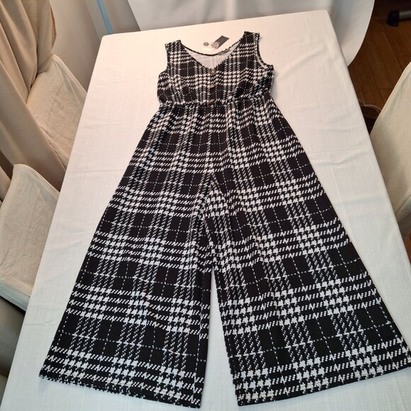 Plus Palazzo Wide Leg Jumpsuit, LG Stretch, Plaid Geometric, Slip On, New w Tags - Picture 4 of 16